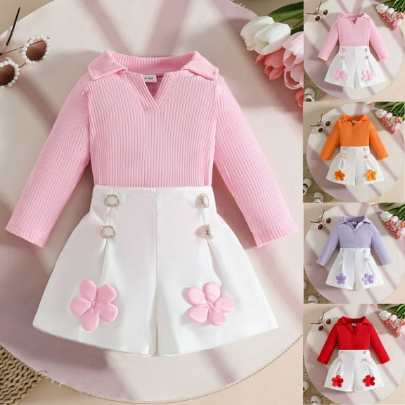 WRKEKC Toddler Girls Ribbed V-Neck Top Set 6 Months-4 Years Long Sleeve Knit Shirt & Flower Applique Shorts with Ring Details Fall Fashion Outfit