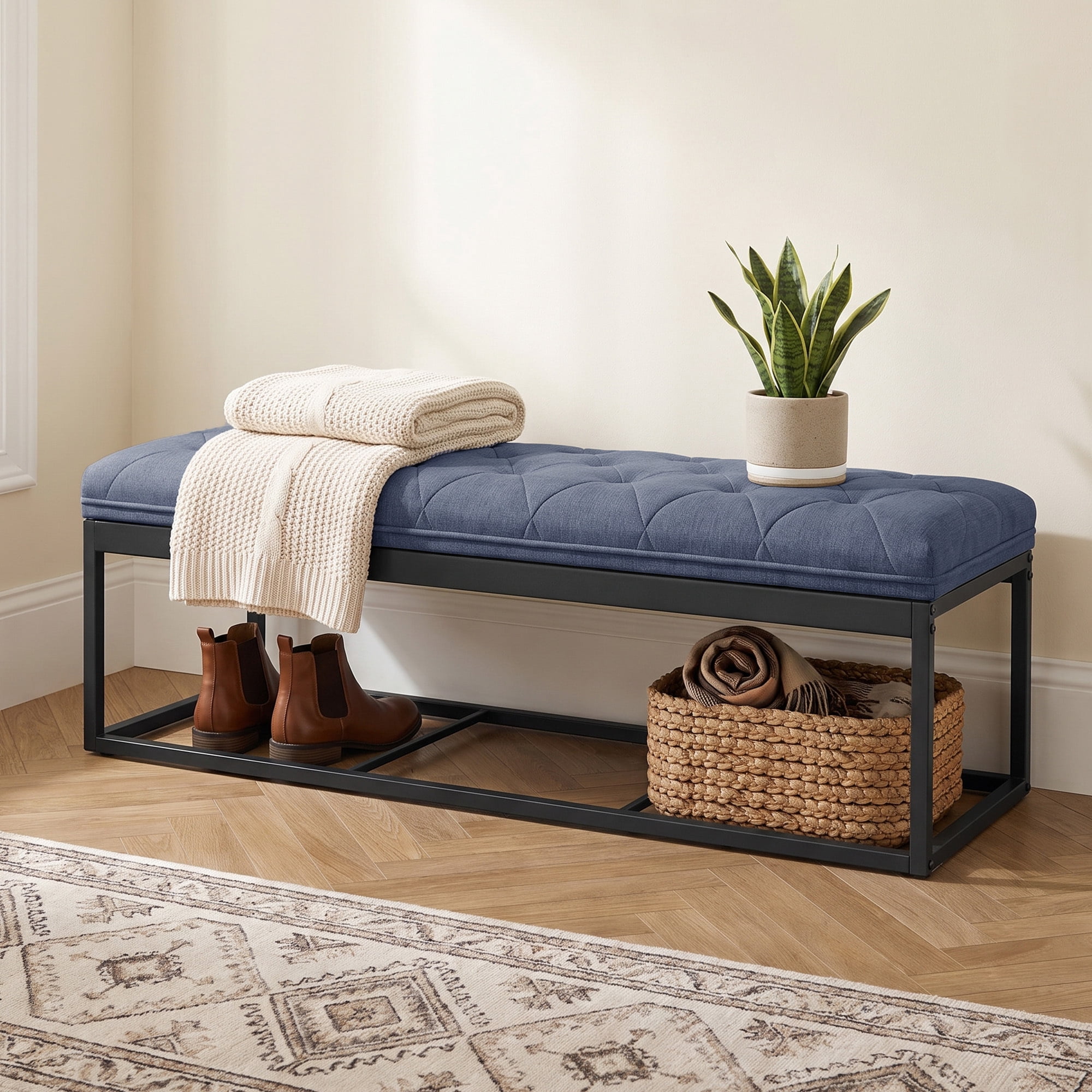 Ledrem Large Storage Ottoman Bench, End of Bed Bench with Tufted Linen-Look Fabric, Light Denim Blue
