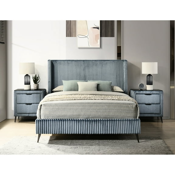 Blue Corduroy Bedroom Suite For Queen Bed With 2 Night Tables Modern Setup Convenient