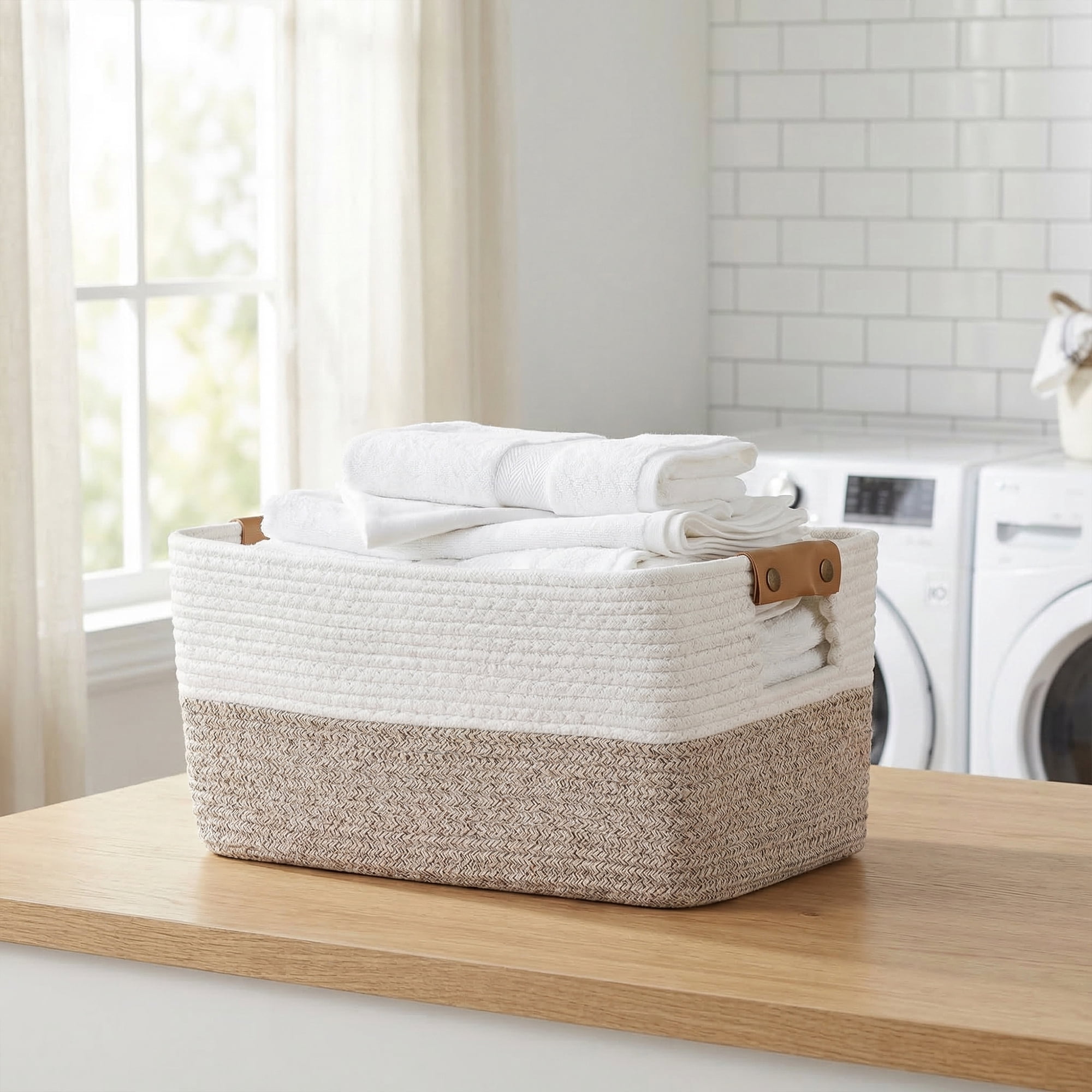Unique Bargains Woven Large Shelf Closet Storage Bin White Coffee 18.9*11*9.1in