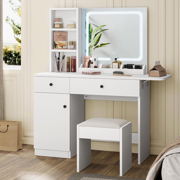 Garvee Makeup Vanity Desk with Mirror and Lights, Vanity Desk Set with Outlet & Drawers & Open Shelf & Storage Cabinet, Vanity Table Set for Bedroom, White