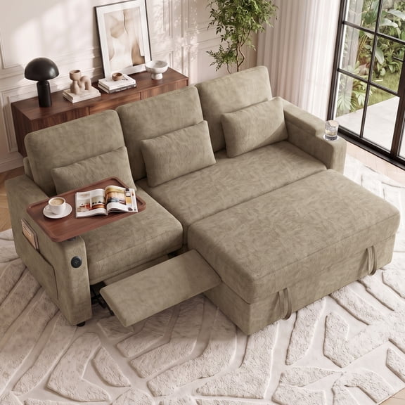 Aenkyo 81" 3-in-1 Convertible Sleeper Sofa with Pull Out Bed and Recliner, Adjustable Backrest, Khaki