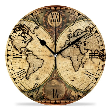 erolrail Rustic Wall Clock,Silent Non Ticking Wall Clocks for Living Room,Bedroom,Kitchen 12IN World Map Art
