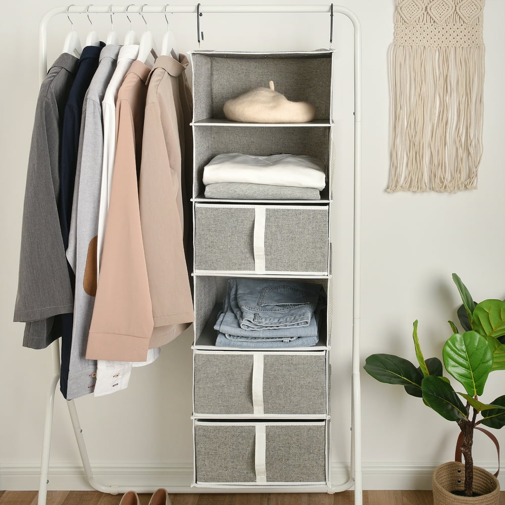 Foldable Hanging Closet Organizer with Drawers, 6Shelf, Gray