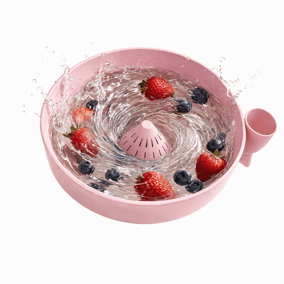 Berry Bowl with Drain Spout, Vortex Fruit Washer Food-Grade Strainer Berry Washing Spinner for Strawberries & Produce, Pink