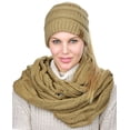 thumbnail image 3 of C.C BeanieTail Messy High Bun Cable Knit Beanie and Infinity Loop Scarf Set, Camel, 3 of 4