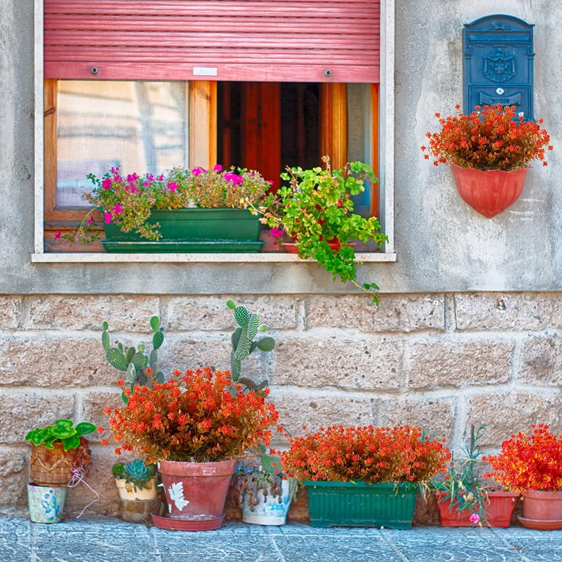 Morttic 12 Bundles Artificial Flowers Fake Boxwood Shrubs UV Resistant No Fade Faux Greenery Faux Plastic Lotus for Home Garden Hanging Planter Indoor Porch Patio Office Wedding Decoration(Orange)