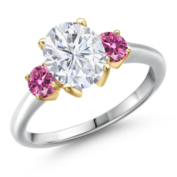 Gem Stone King 10K Two Tone Gold White Moissanite and Pink Moissanite Engagement Ring for Women | 2.56 Cttw | Oval 9X7MM | Gemstone Birthstone | Size 6