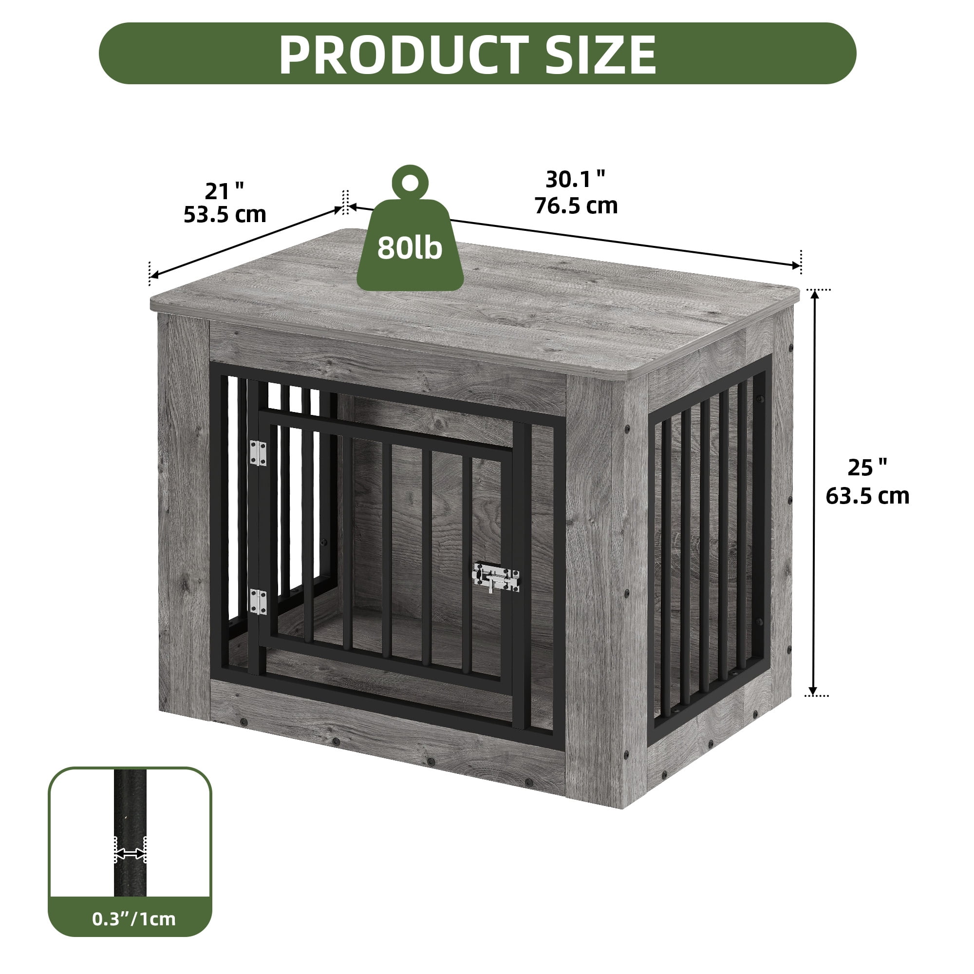 Uforic 2-in-1 Dog Crate Furniture, 30 in Iron-Wood Indoor Dog Cage Table with Steel Lock & Waterproof Top,Gray