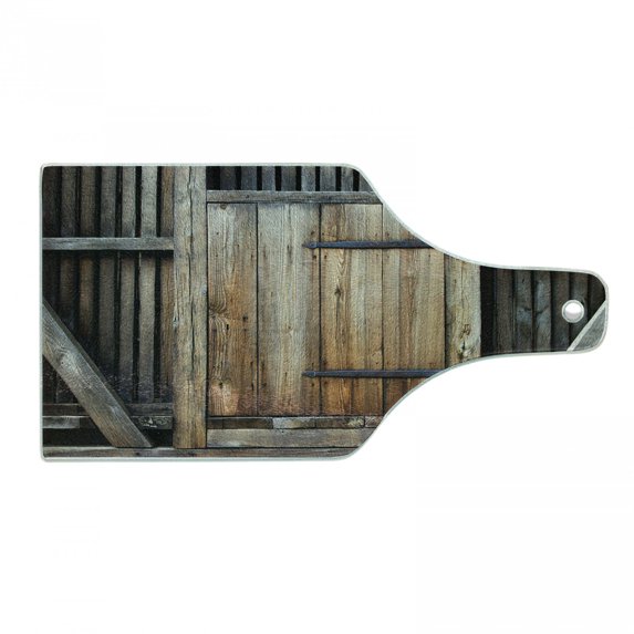 Antique Cutting Board, Rustic Antique Wooden Door Exterior Facades Rural Barn Timber Weathered Display, Tempered Glass Cutting and Serving Board, Wine Bottle Shape, Brown Orange, by Ambesonne