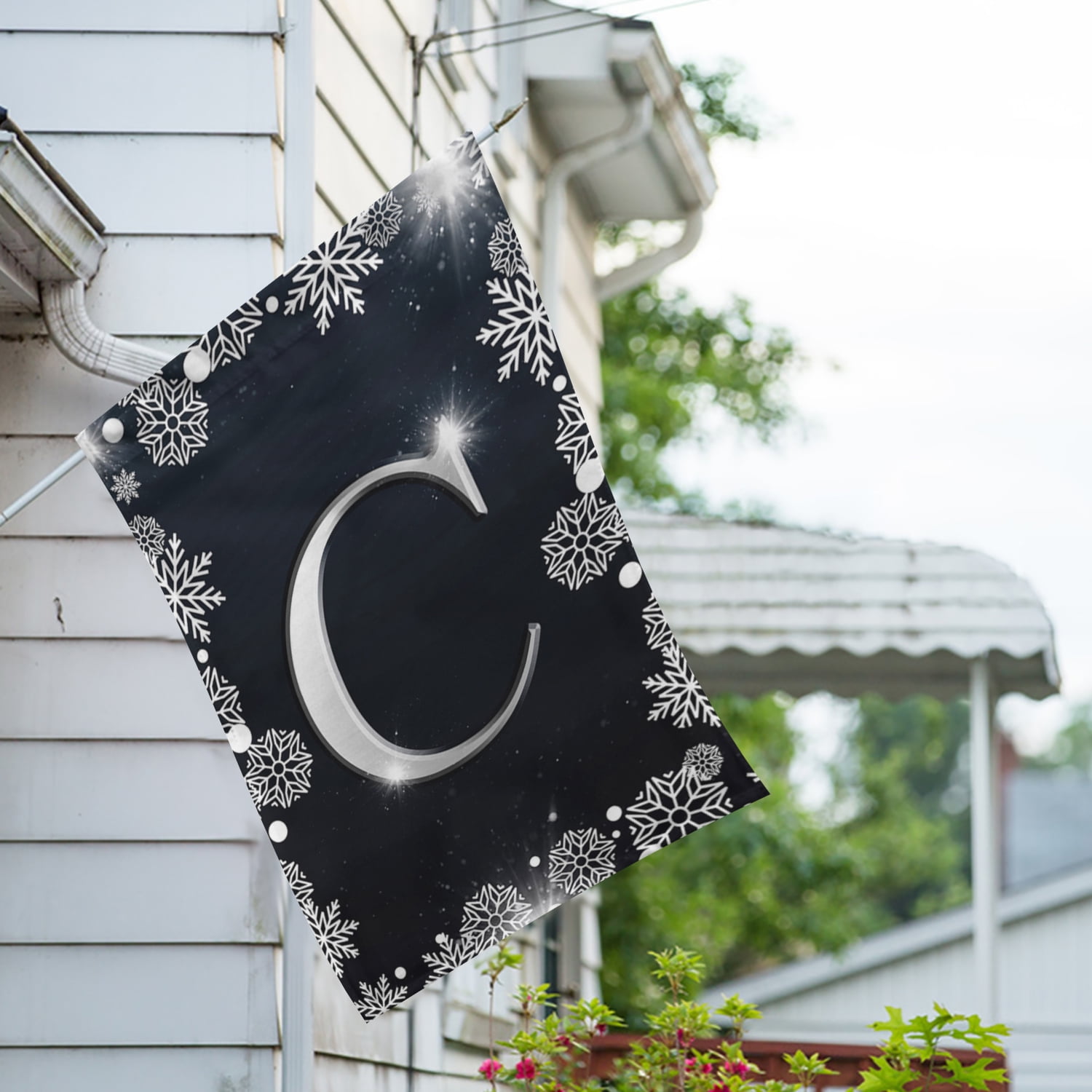 America Forever Winter Monogram Letter C House Flag Vertical Double Sided 28 x 40 inches Christmas Holiday Seasonal Flags for Outdoor, Yard, Porch Decoration, Silver Snowflakes Decoration