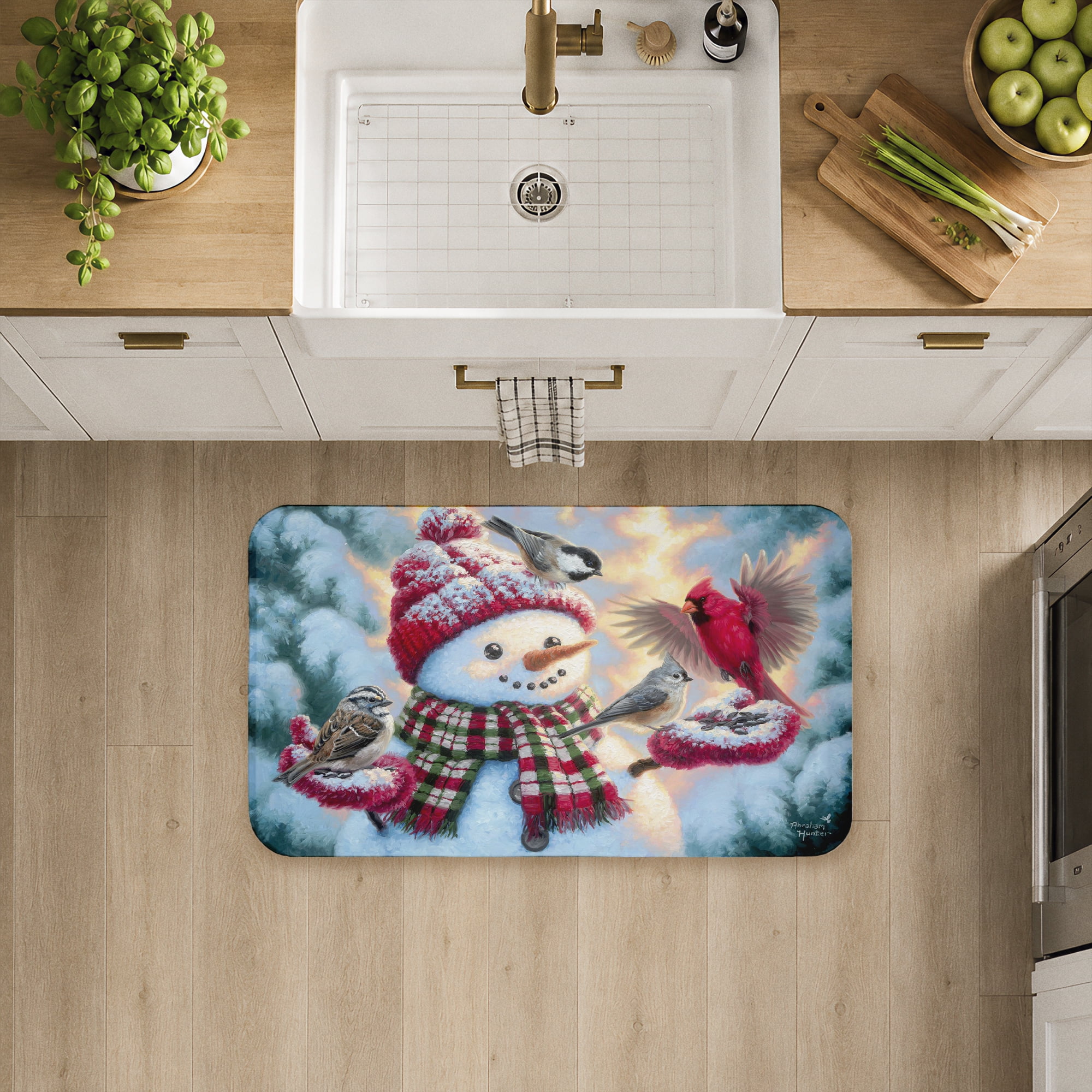Stupell Industries Happy Snowman with Landing Birds Printed Anti-Fatigue Floor Mat, design by Abraham Hunter