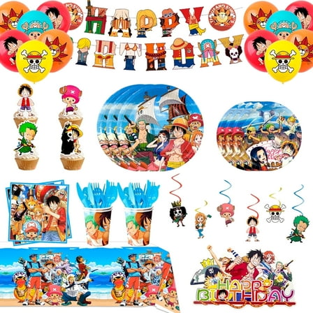 One Piece Birthday Party Supplies, 117pcs One Piece Party Decorations & Tableware Set - One Piece Banner Balloons Hanging Swirls Cake Topper Plates Cups etc One Piece Birthday Decorations for Kids