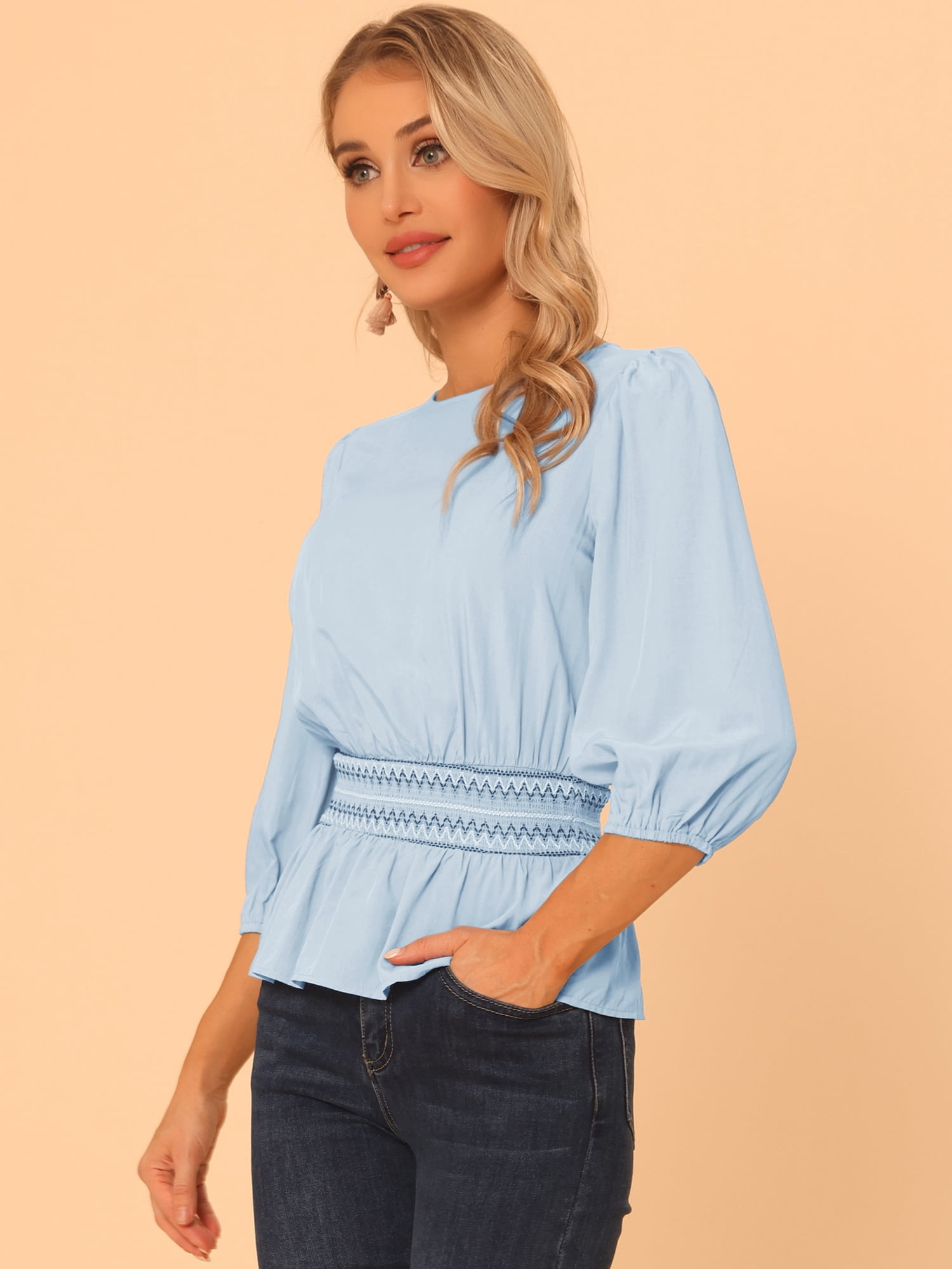 DARING DIVA Peplum Top Puff Smocked Waist Blouse XL Blue