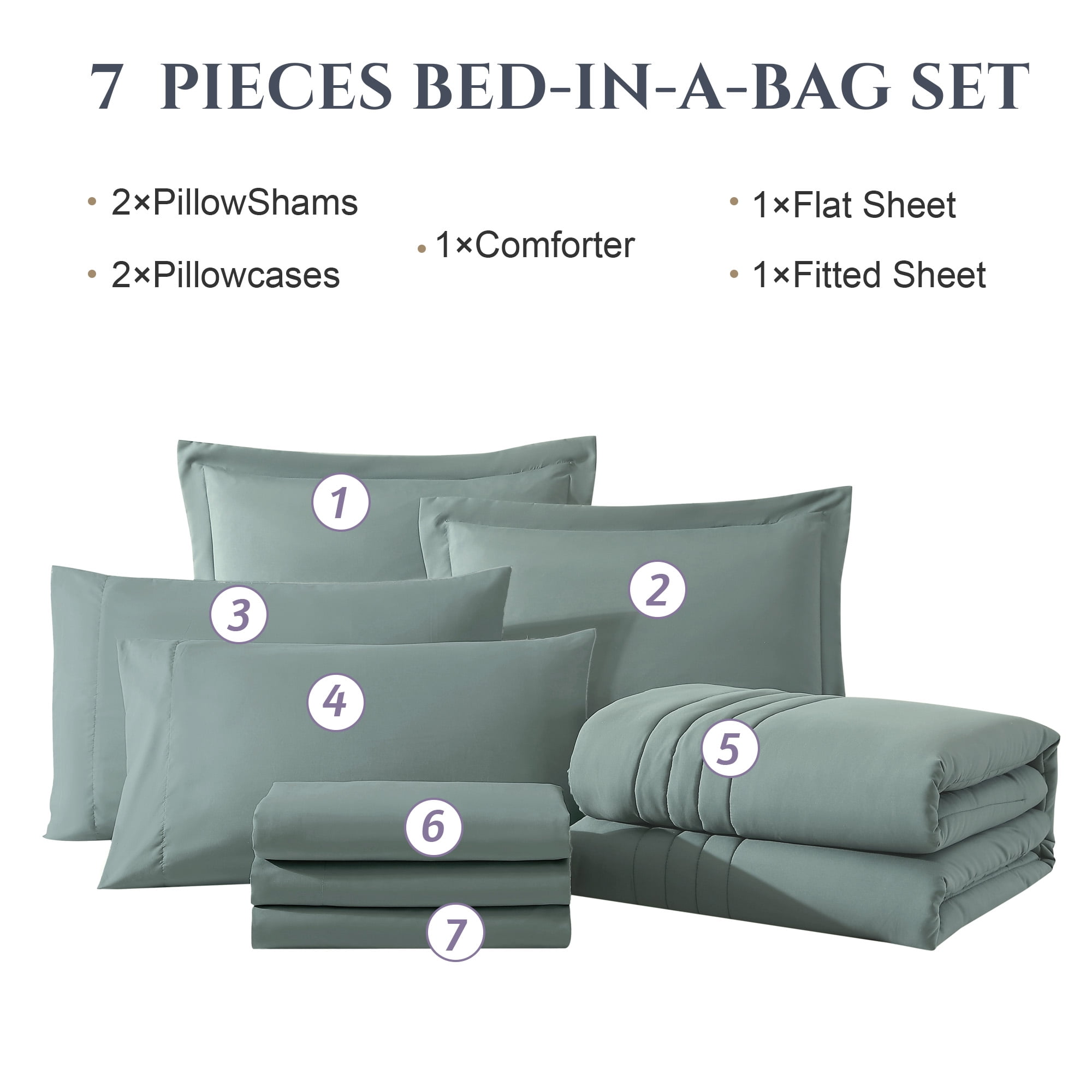 Catami 7-piece Bed in a Bag Comforter Set with Sheets,Sage Green,Queen