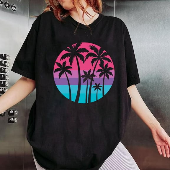 Gradient Palm Tree Tee Stylish Graphic T-Shirt Soft Fit Casual Summer Top Beach Vacation Style Black S-5XL