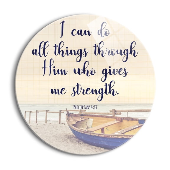 All Things Through Him Sand Beach Boat 24 inch Glass Round Wall Hanging Sign