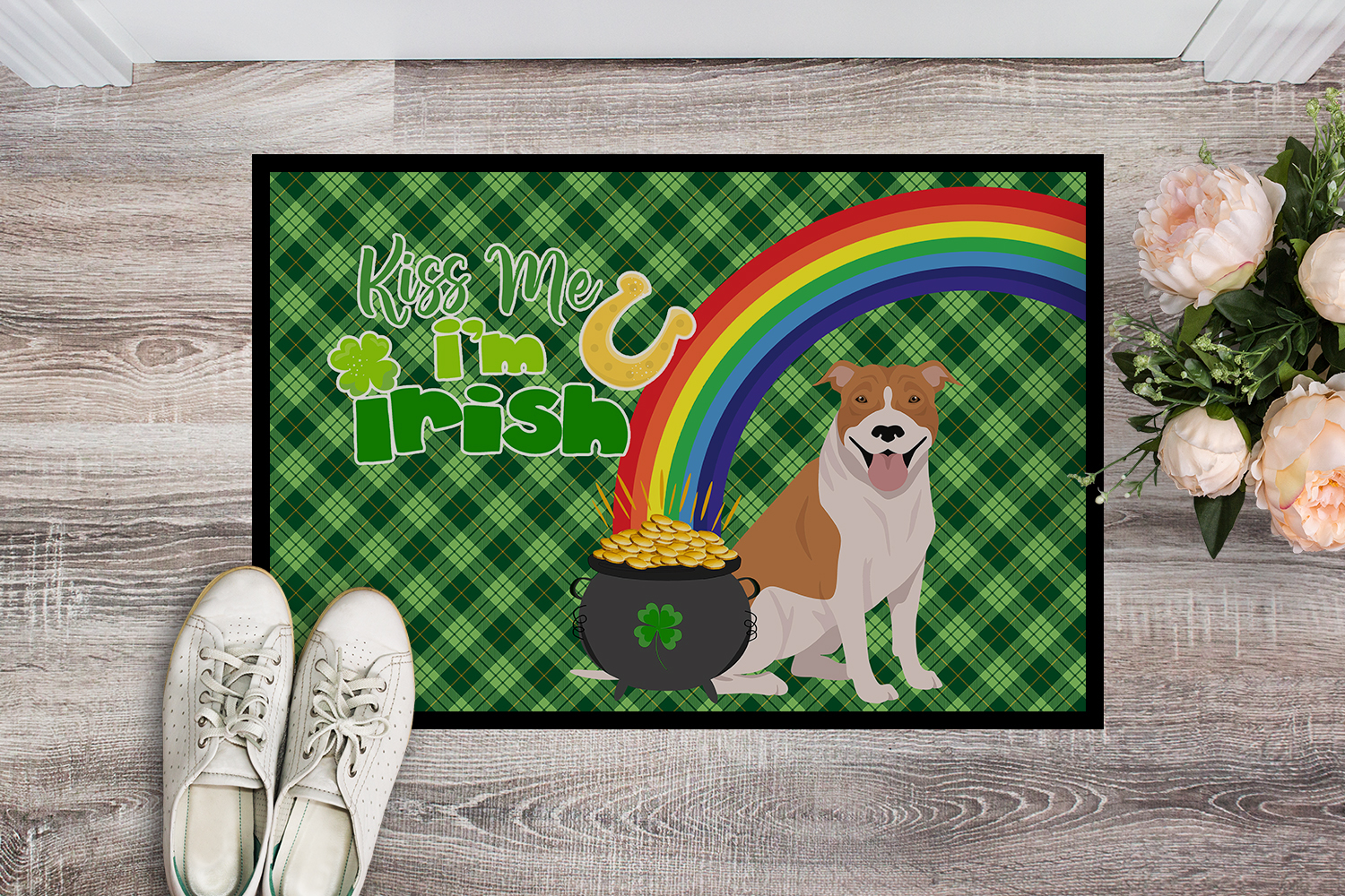 Red and White Pit Bull Terrier St. Patrick's Day Indoor or Outdoor Mat 24x36 36 in x 24 in