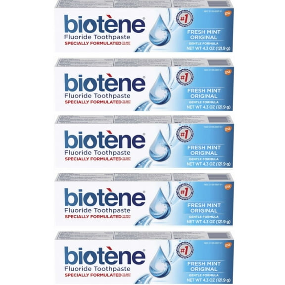 5 Pack Biotene Fresh Mint Original Gentle Formula Fluoride Toothpaste, 4.3 Ounces Each