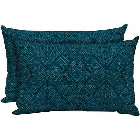 Blue And White Garden Better Homes & Gardens Outdoor 20 in W x 12 in D x 4.5 in H Patio Lumbar Toss Pillow, Blue Southwest Diamonds, Set of Two ()