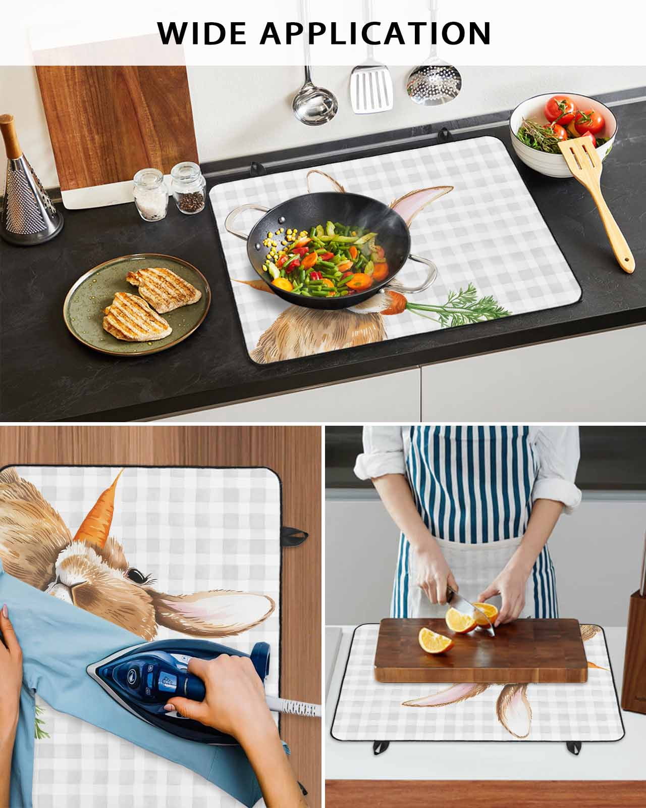 Large Induction Cooktop Protector Mat Easter Bunny Stove Top Covers for Electric Stove, Spring Rabbits Carrots Gray Buffalo Plaid Decorative Stove Burner Cover Mats, Glass Top Stove Cover