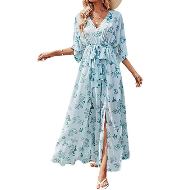 TRKIYQC Vestido largo de playa con temperamento para mujer, Falda dividida con cinturón y cuello en V de manga tres cuartos con estampado floral de estilo informal de verano para mujer TRKIYQC ocio,moda