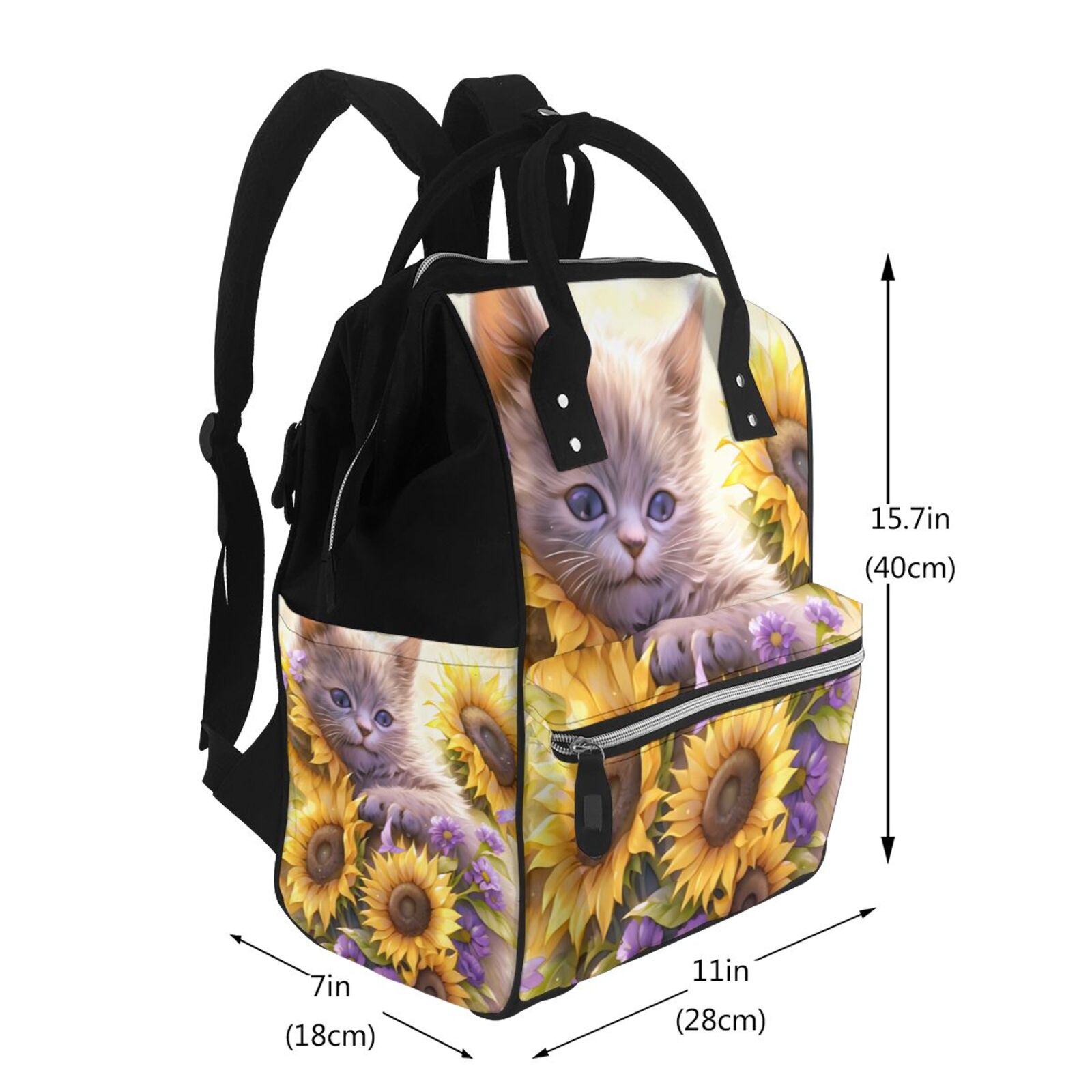 Fuzoiu Daisy Sunflower Lazy Cat Print Diaper Bag Backpack,Baby Essentials Travel Tote,Multi function Waterproof Diaper Bag, Travel Essentials Baby Bag - Unisex