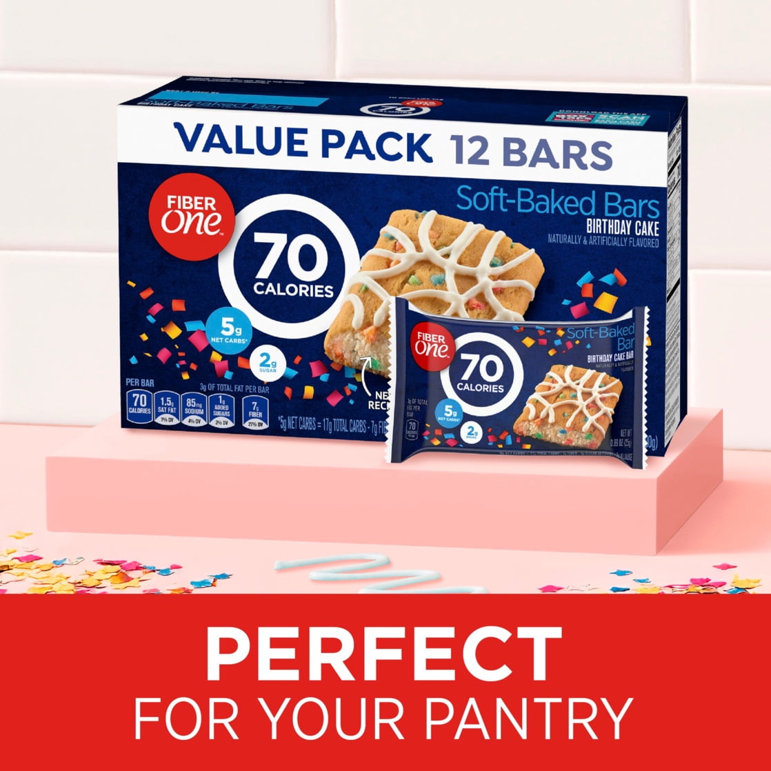 Fiber One 70 Calorie Soft-Baked Bars, Birthday Cake, Snack Bars, 12 ct