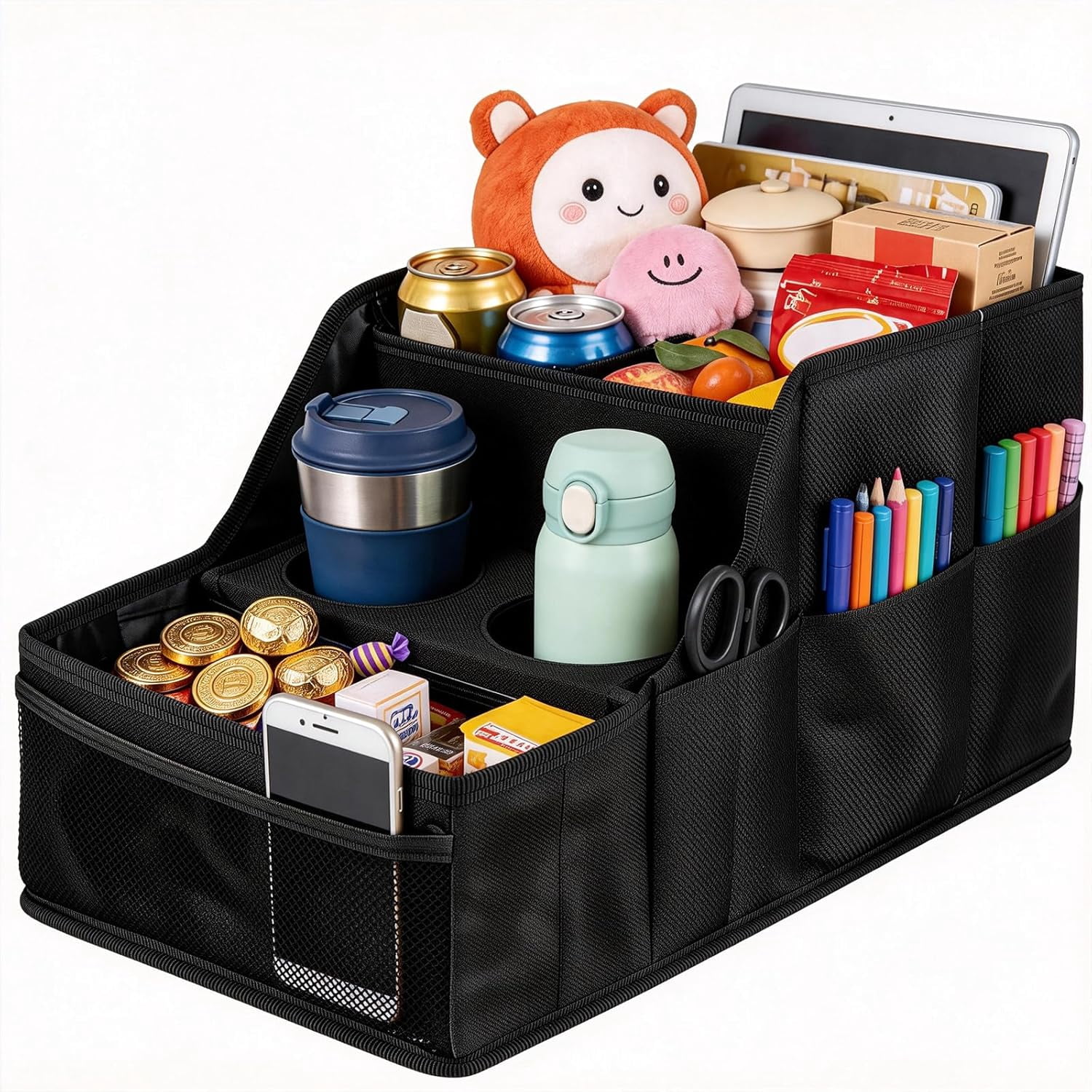 Car Seat Organizer Backseat and Passenger with 9 Compartments 2 Cup Holders Front Storage for Travel Kids，Black