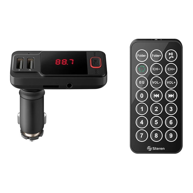 Transmisor FM Bluetooth* con cargador USB, reproductor MP3 y control remoto Steren FMT-845
