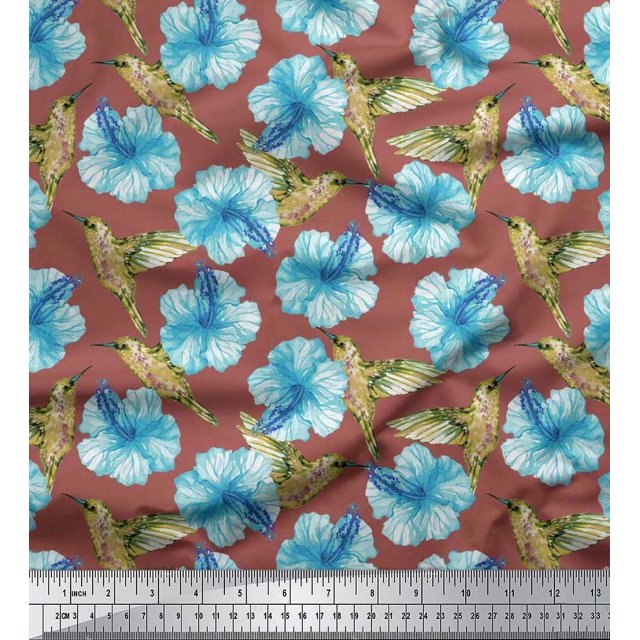 Soimoi Moss Georgette Fabric Hummingbird & Floral Print Fabric by Yard 42 Inch Wide