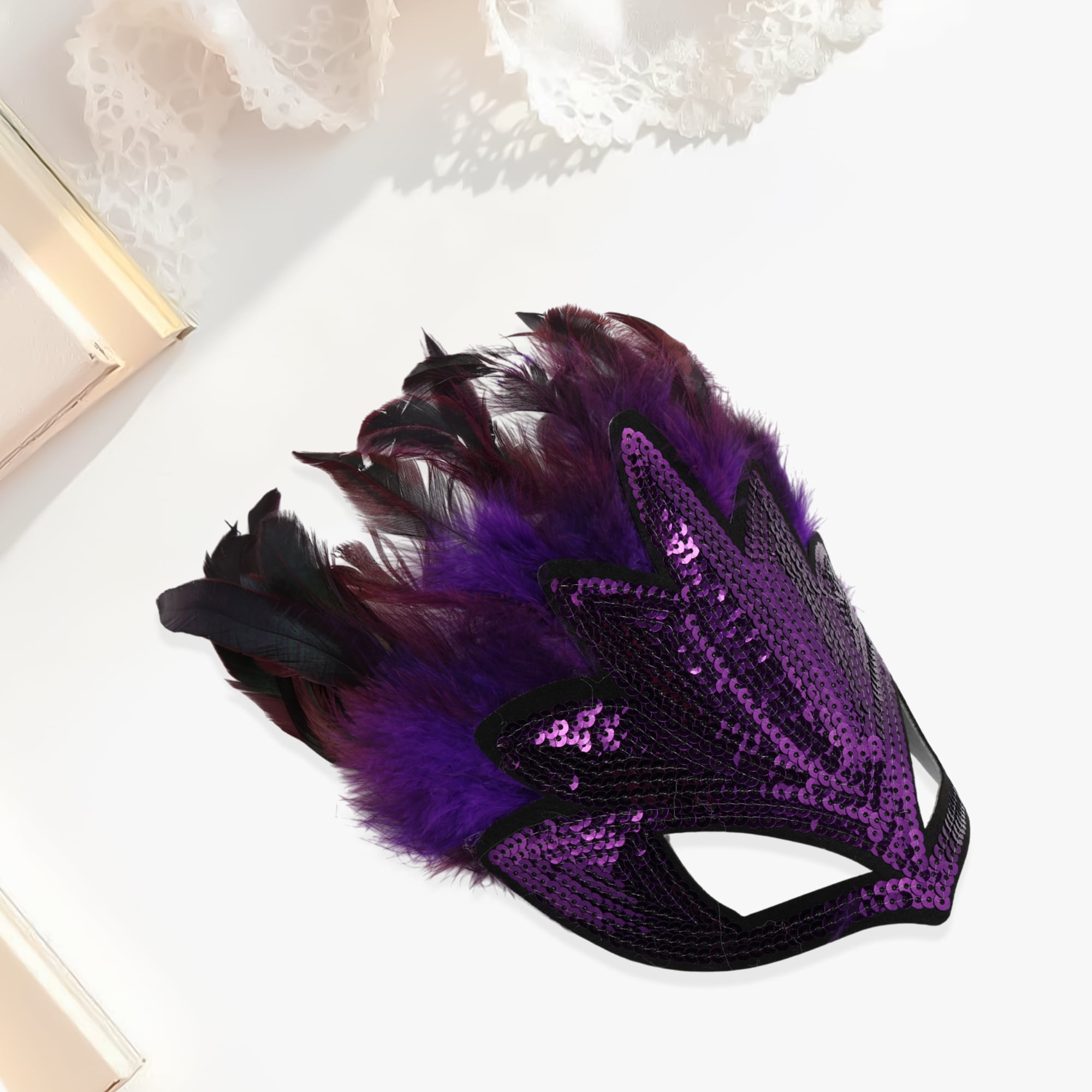 Unique Bargains 1 Pack Elegant Sequined Feathers Party Mask Purple