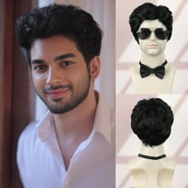 Creamily Mens Wigs Short Black Wig Human Hair with Bangs Layered Curly Wigs for Men Wig Wefted Wig Cap