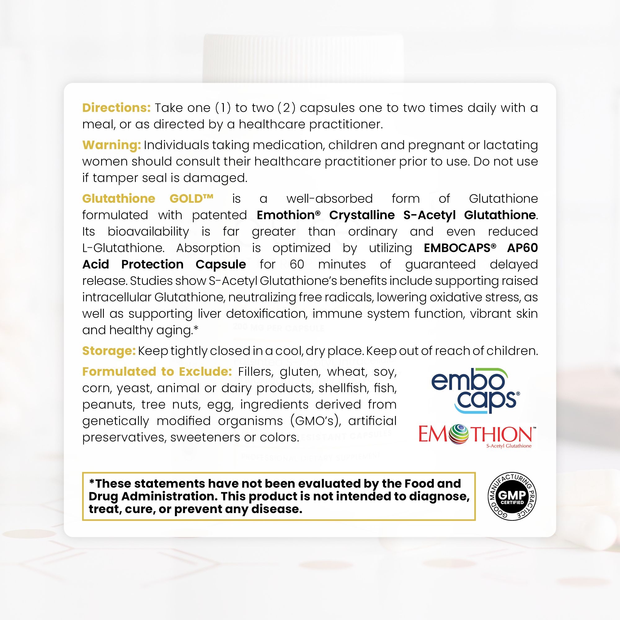 Pure Therapro Rx S-Acetyl Glutathione Gold 100mg, Made in USA - 4 Month Supply | Acid Resistant Capsules | Patented Acetylated Form of Glutathione | Zero Fillers, Pharmaceutical Grade, Non GMO