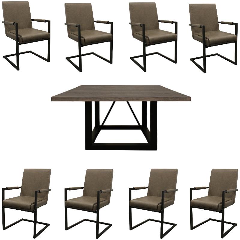 Home Square 9Piece Set with Square Dining Table & 8 Leather Arm Chairs