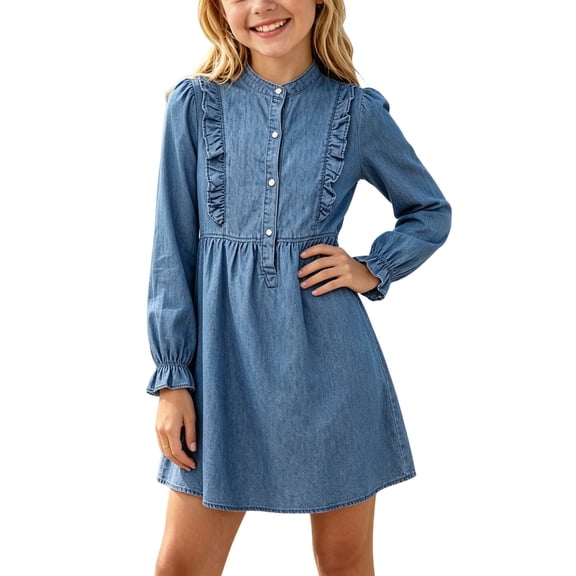 xaoyunyn Denim Dresses for Girls Casual Lightweight Solid Color Long Sleeve Ruffled Trim Jean Sundresses 4-14 Years