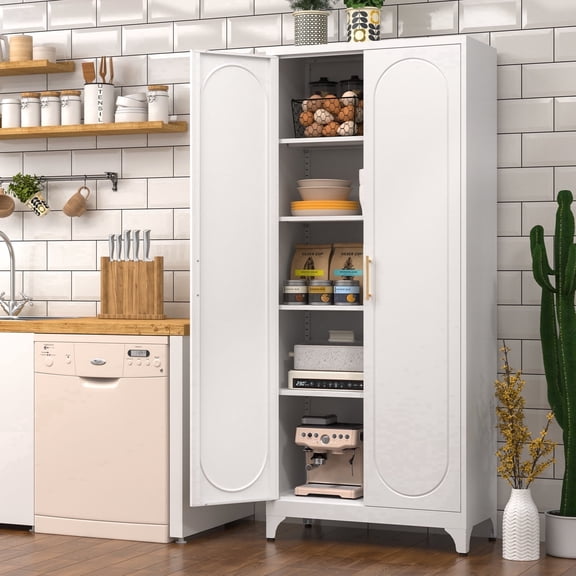 UNICOLY 75"H Metal Kitchen Pantry Storage Cabinet,White Tall Modern Pantry Cupboard with Door and Adjustable,