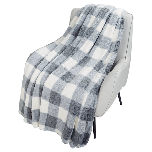 HOMETRENDS Grey Checker Faux Shearling Blanket, Queen