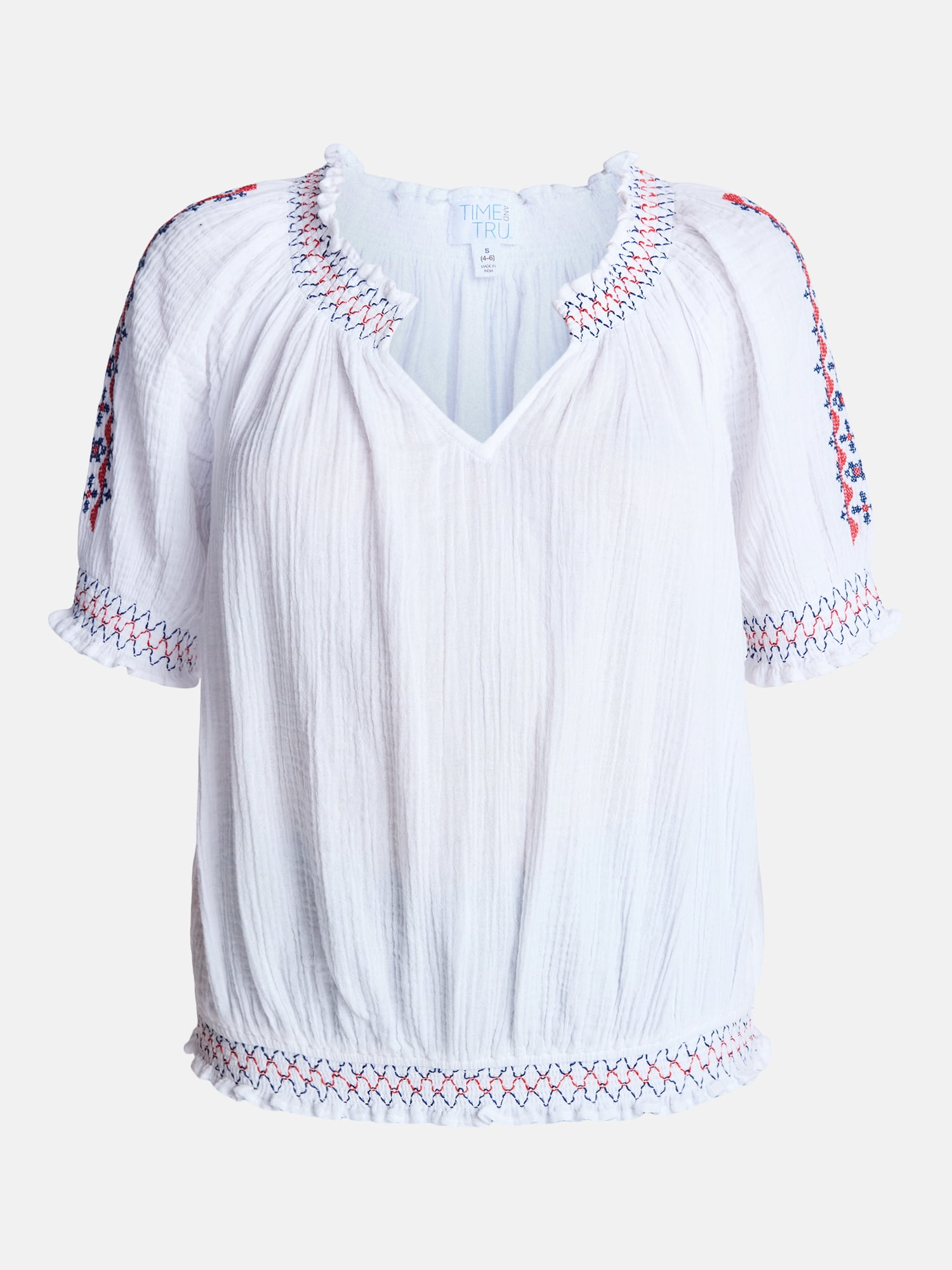 Time and Tru Women's Embroidered Peasant Top, Sizes XS-XXXL