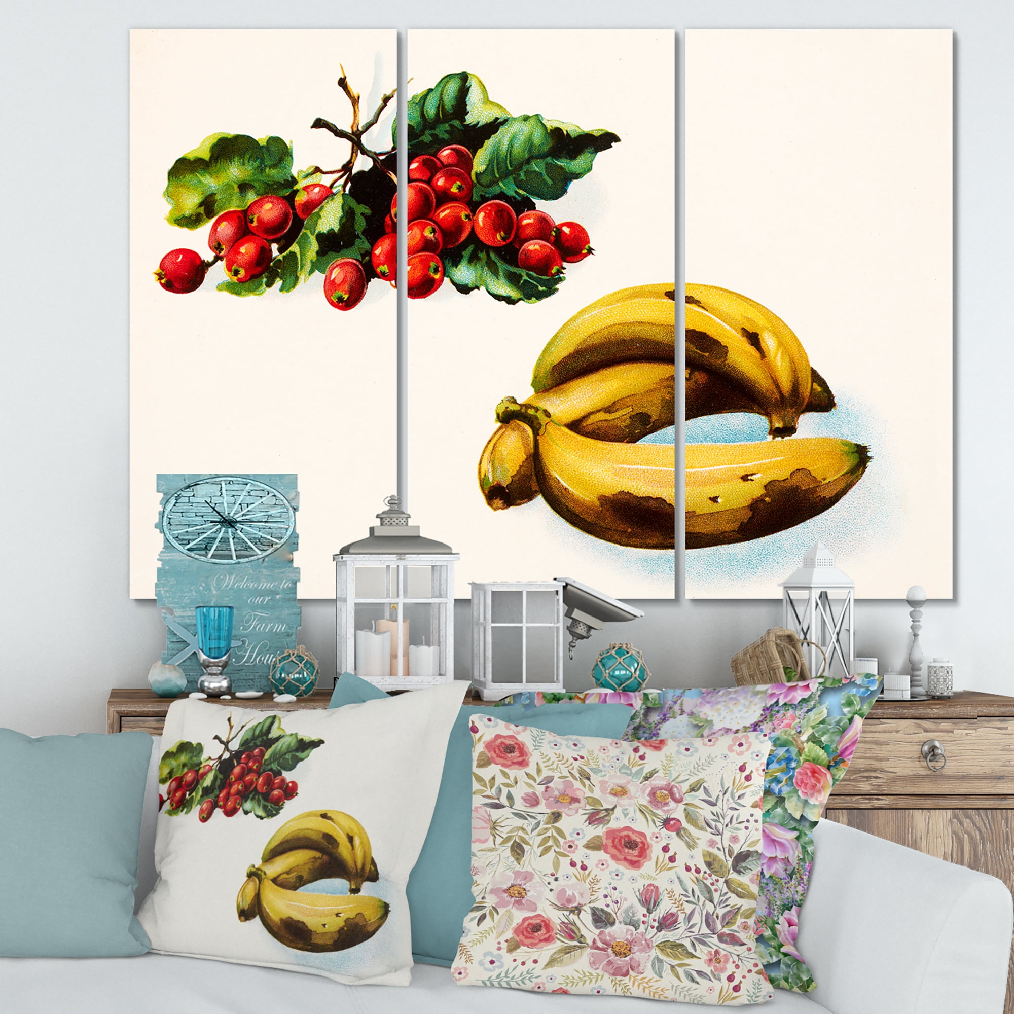 Designart ' Red Berries and Banana ' Farmhouse Canvas Wall Art Print