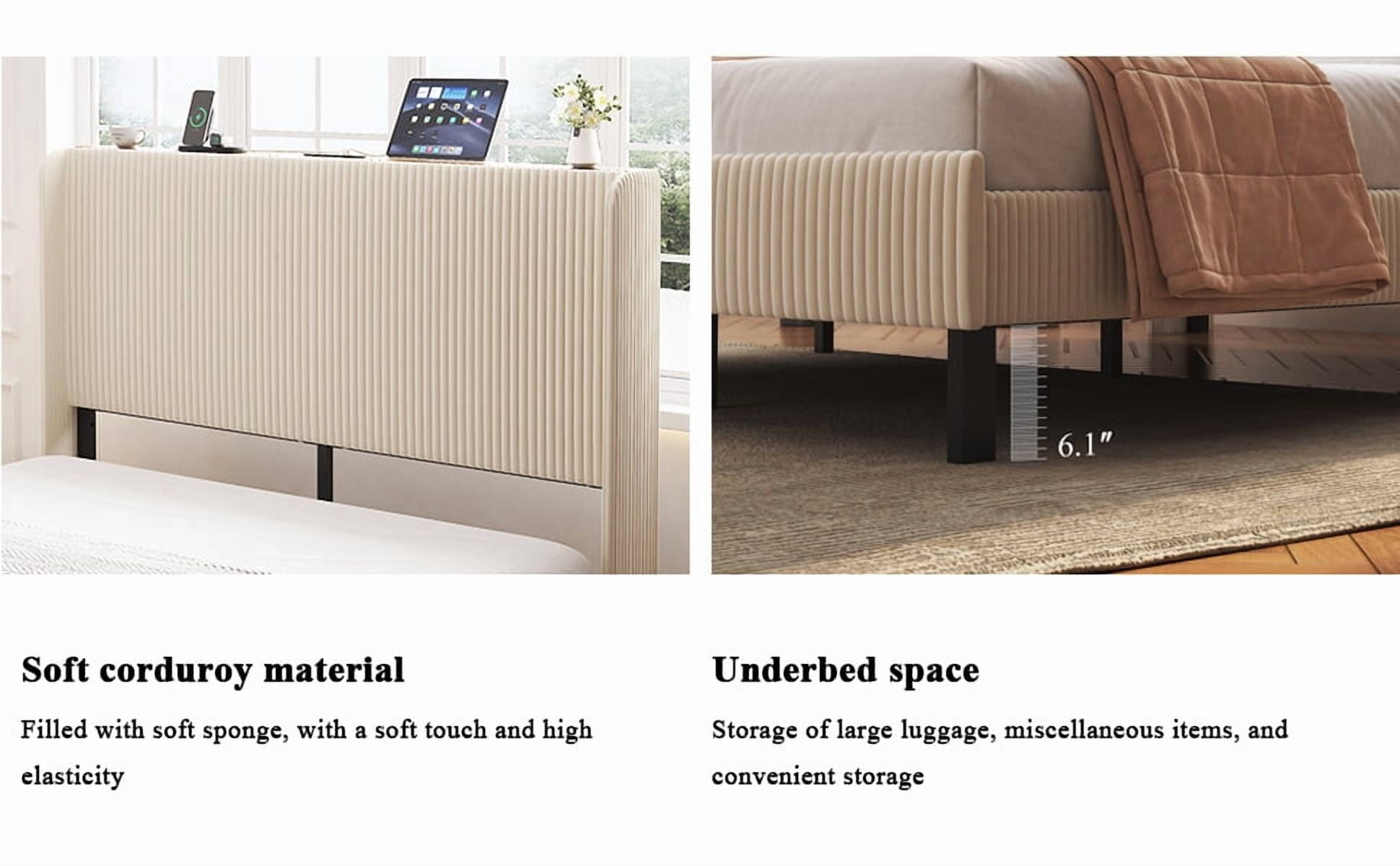 Yoneston Queen Size Platform Bed Frame with Velvet Upholstered Headboard Storage Shelf and USB Port Charging Station for Bedroom, Beige