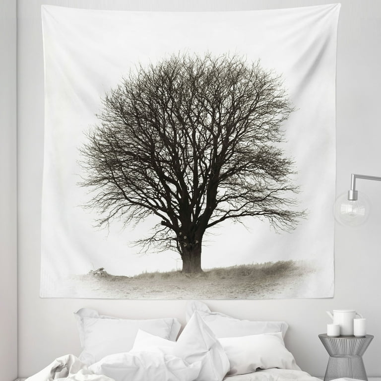 Grey Tapestry Photo of a Big Tree on a Field Branches Fall Season Monochromic Landscape Art Fabric Wall Hanging Decor for Bedroom Living Room Dorm 5 Sizes Beige Black by Ambesonne