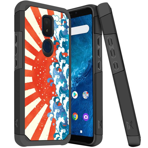 ANJ  Slim Dual Layer Hybrid Shockproof Case   Tempered Glass Cover for Cricket Icon 3, Splendor, AT&T Motivate 2 - Sunrise Tsunami Wave