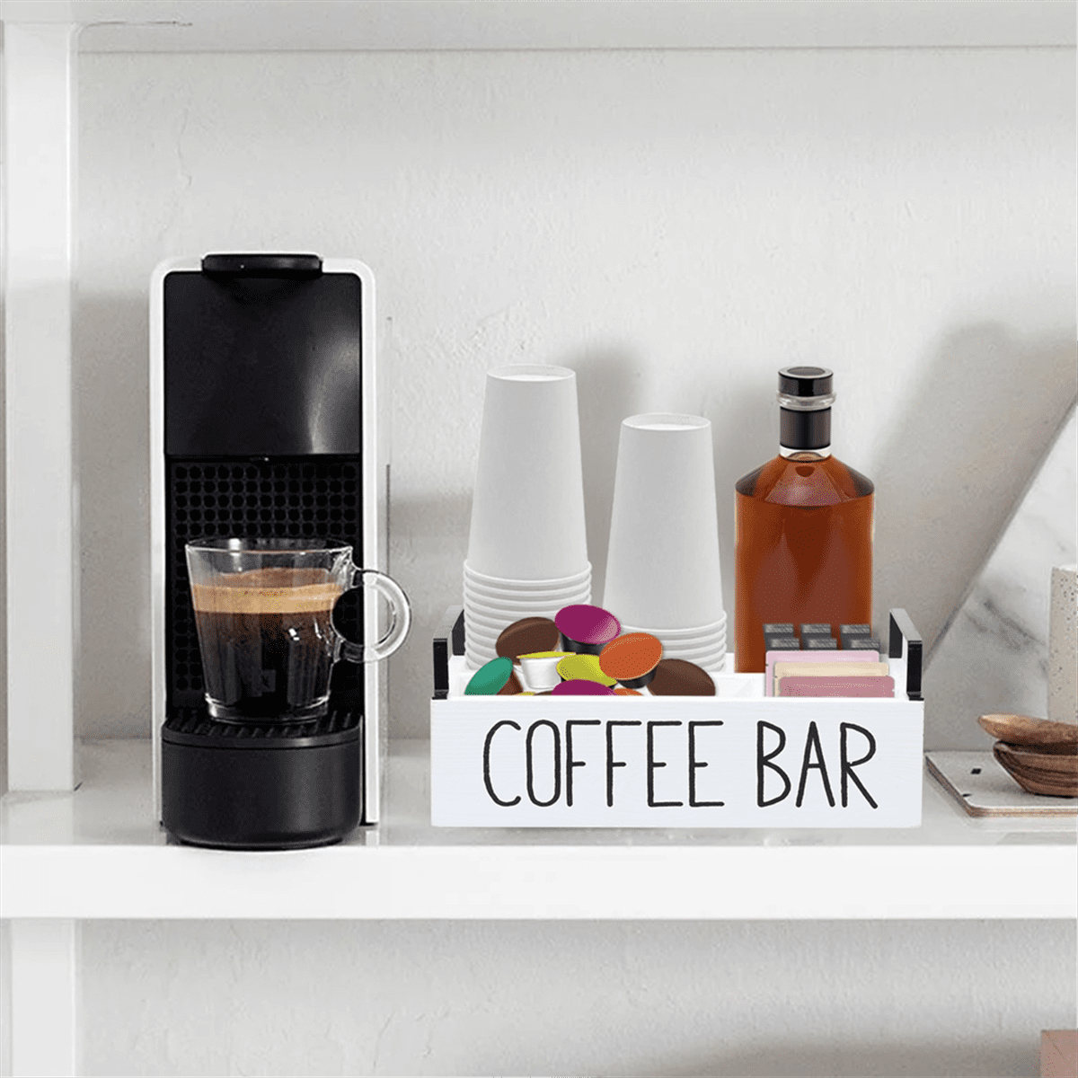 Organisateur Bar à Café En Bois - Support Machine à Café Avec Tiroir 2 Compartiments - 32x26x13 Cm - Noir - 7