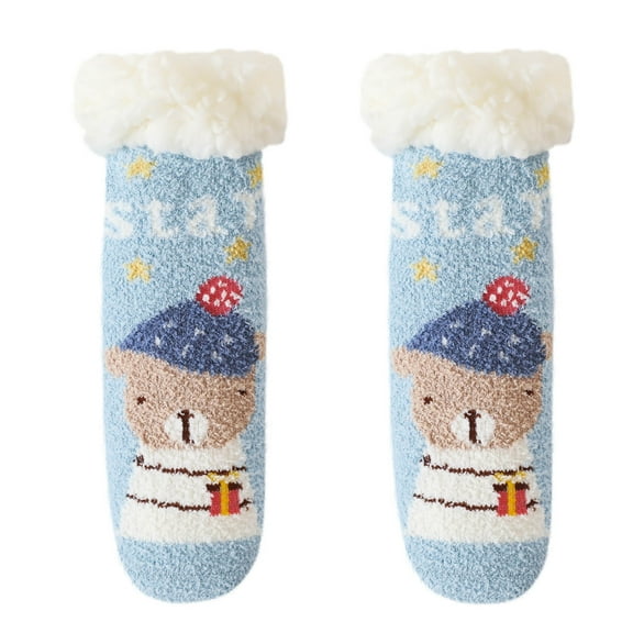 Odeerbi Baby Toddler Socks Boys Girls Solid Color Cartoon Socks Keep Warm Plush Kids Soft Non-slip Indoor Socks Blue