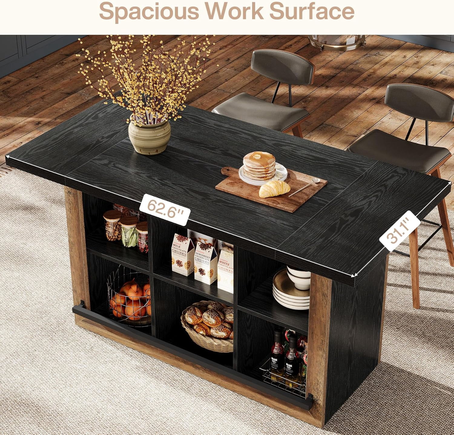Kitchen Island with Storage, Counter Height Kitchen Island Table with 6 Open Cubbies and Footrests