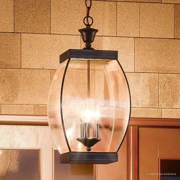 Urban Ambiance Luxury Colonial Outdoor Pendant Light, Large Size: 20.5"H x 9"W, with Transitional Style Elements, Bowed Design, Gorgeous Dark Medieval Bronze Finish and Beveled Glass, UQL1176