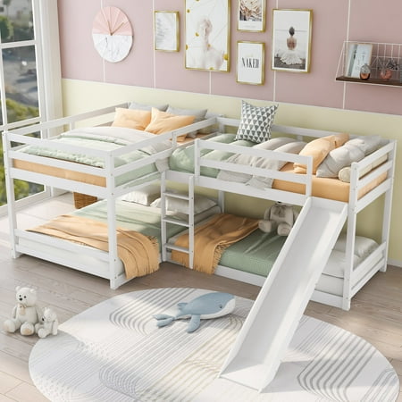 Full and Twin Size L-Shaped Bunk Bed with Slide and Short Ladder White