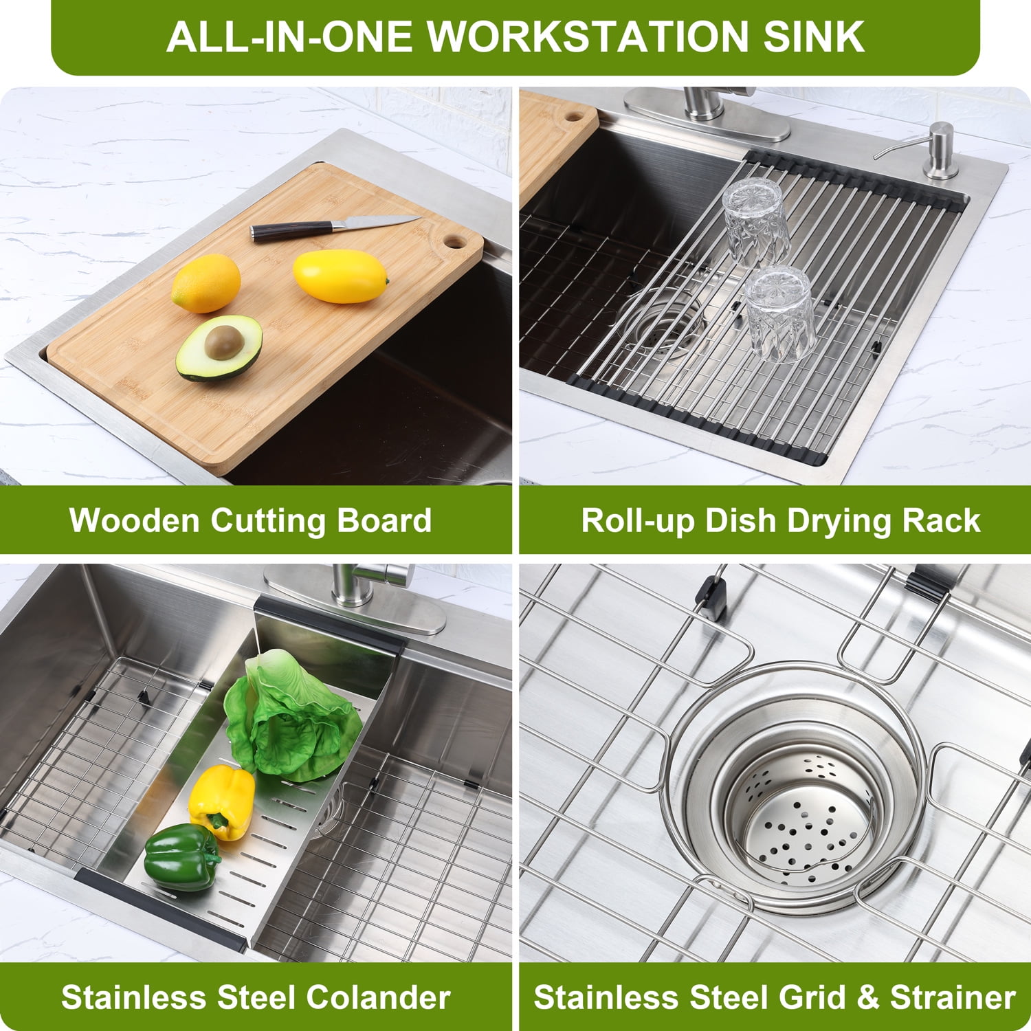 Vesteel Workstation Kitchen Sink, 33 x 22 Drop In Stainless Steel Single Bowl Sink Basin, Topmount Sink include 4 Sink Accessories