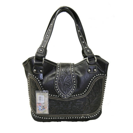 Montana West Ladies Concealed Gun Carrying Purse Tooled Genuine Leather  Black